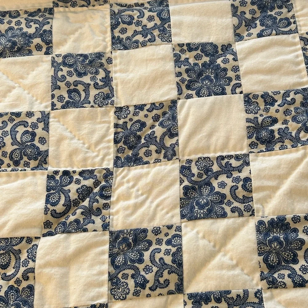Classic Blue and White Paisley Patchwork Checkered Lap Quilt
